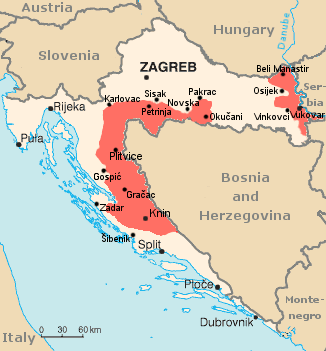 Okupirani dijelovi Hrvatske ili tzv. Republika Srpska Krajina (crveno)