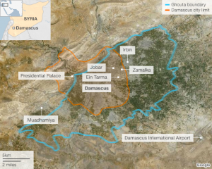 Damask, područje al Ghouta i četvrti pogođene navodnim kemijskim napadom